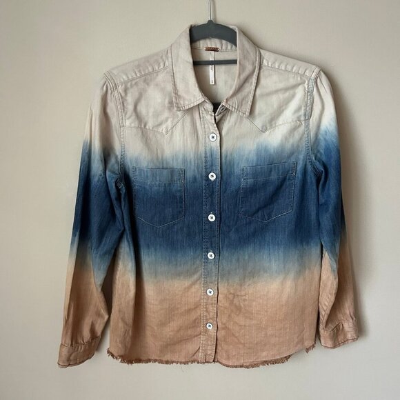 Free People Before Sunrise Ombre Raw Hem Denim Button Down Shirt Women's Small - Picture 1 of 8